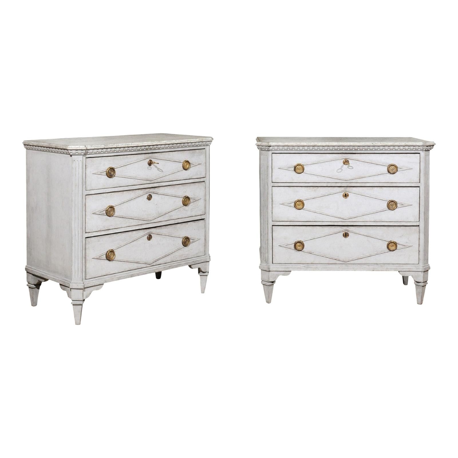 Pair of Swedish Gustavian Style 19th Century Painted Chests with Diamond Motifs