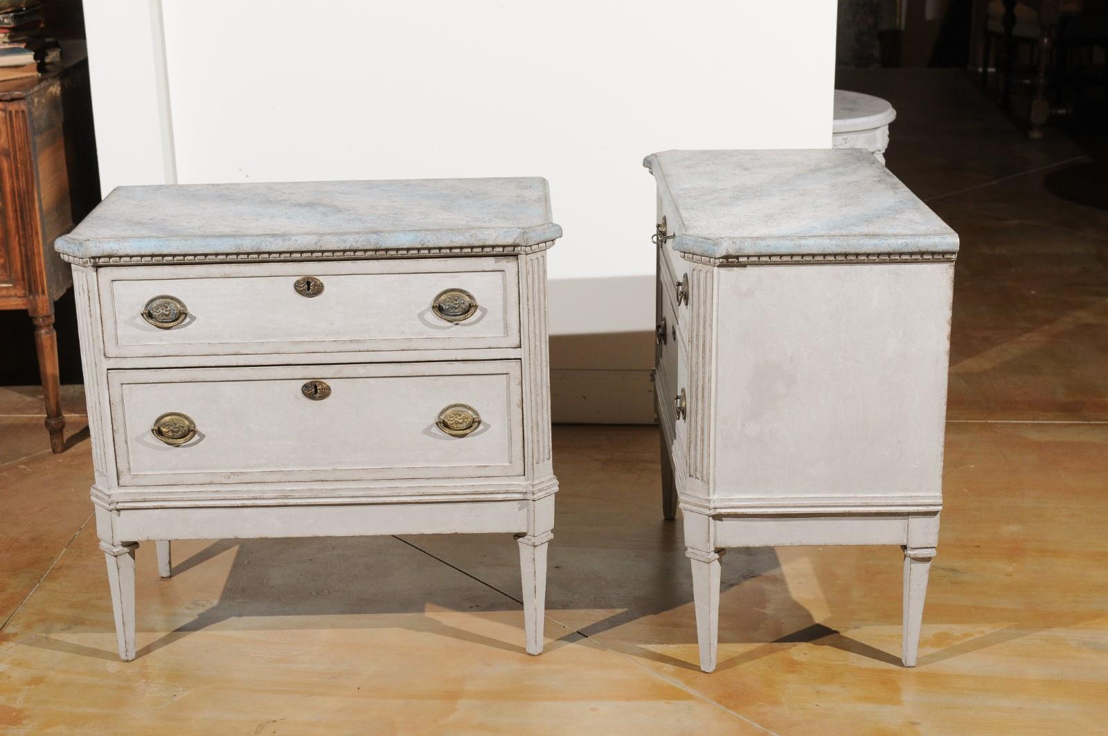 Pair of Swedish Gustavian Style 19th Century Painted Chests with Marbleized Tops 4