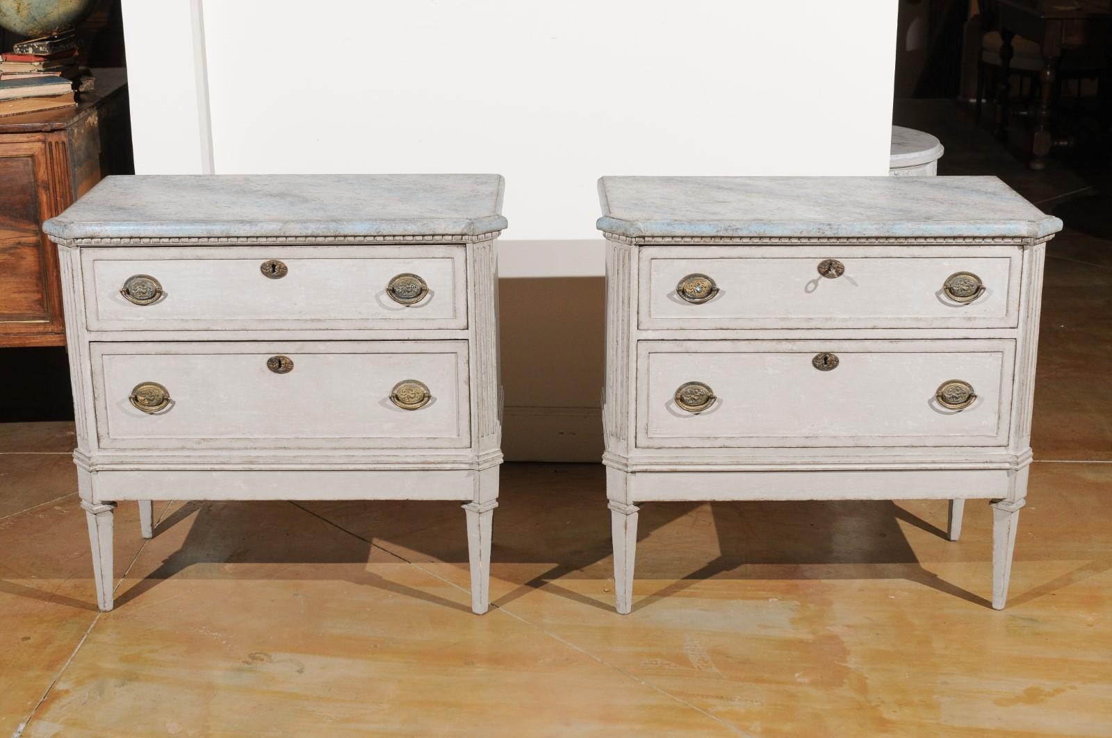 Pair of Swedish Gustavian Style 19th Century Painted Chests with Marbleized Tops 5