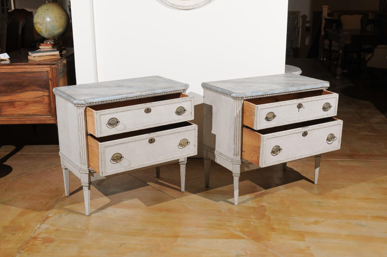 Carved Pair of Swedish Gustavian Style 19th Century Painted Chests with Marbleized Tops