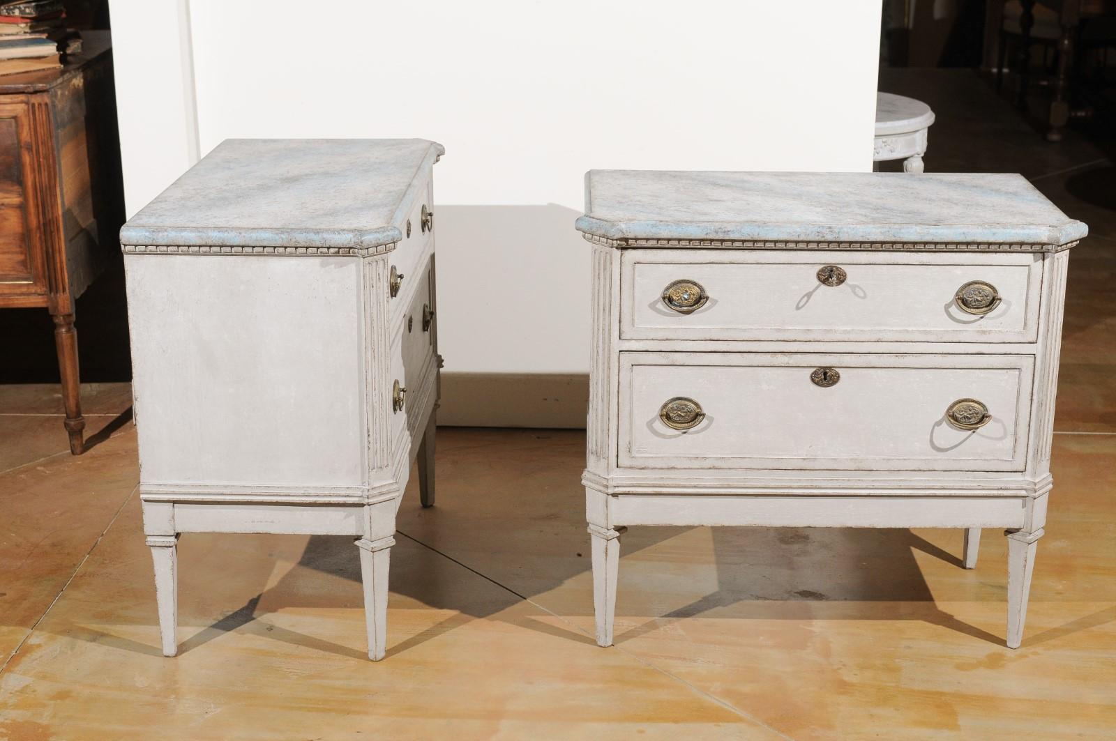 Pair of Swedish Gustavian Style 19th Century Painted Chests with Marbleized Tops 1