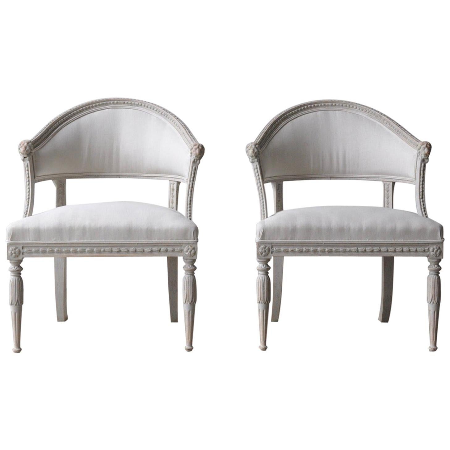 Pair of Swedish Gustavian Style Barrel Back Armchairs with Lions' Heads