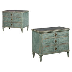 Pair of Swedish Gustavian Style Blue Painted Bedside Commodes Chests