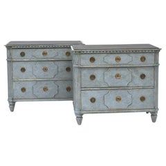 Antique Pair of Swedish Gustavian Style Blue Painted Chest of Drawers