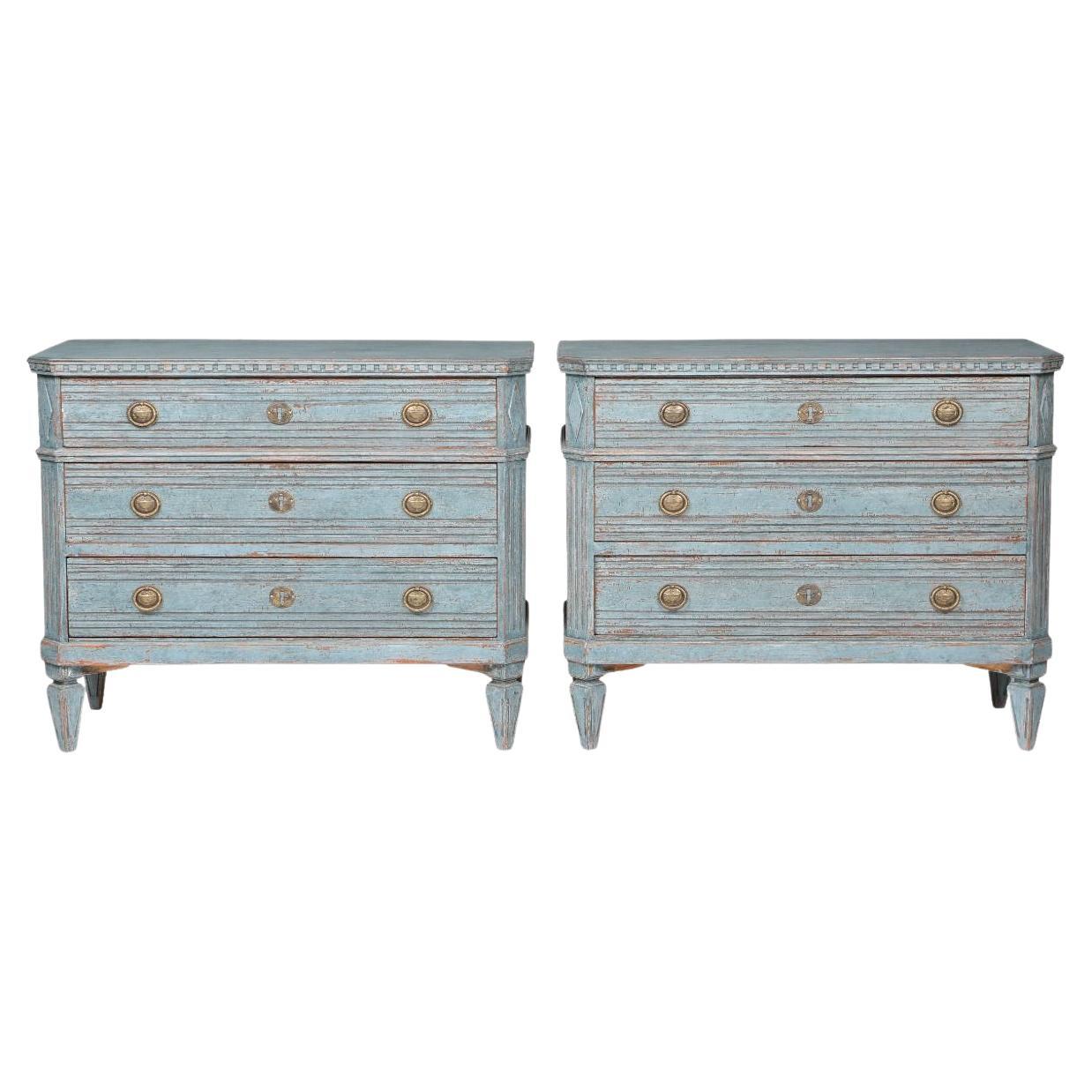 Pair of Swedish Gustavian Style Blue-Painted Pine Chests of Drawers For Sale