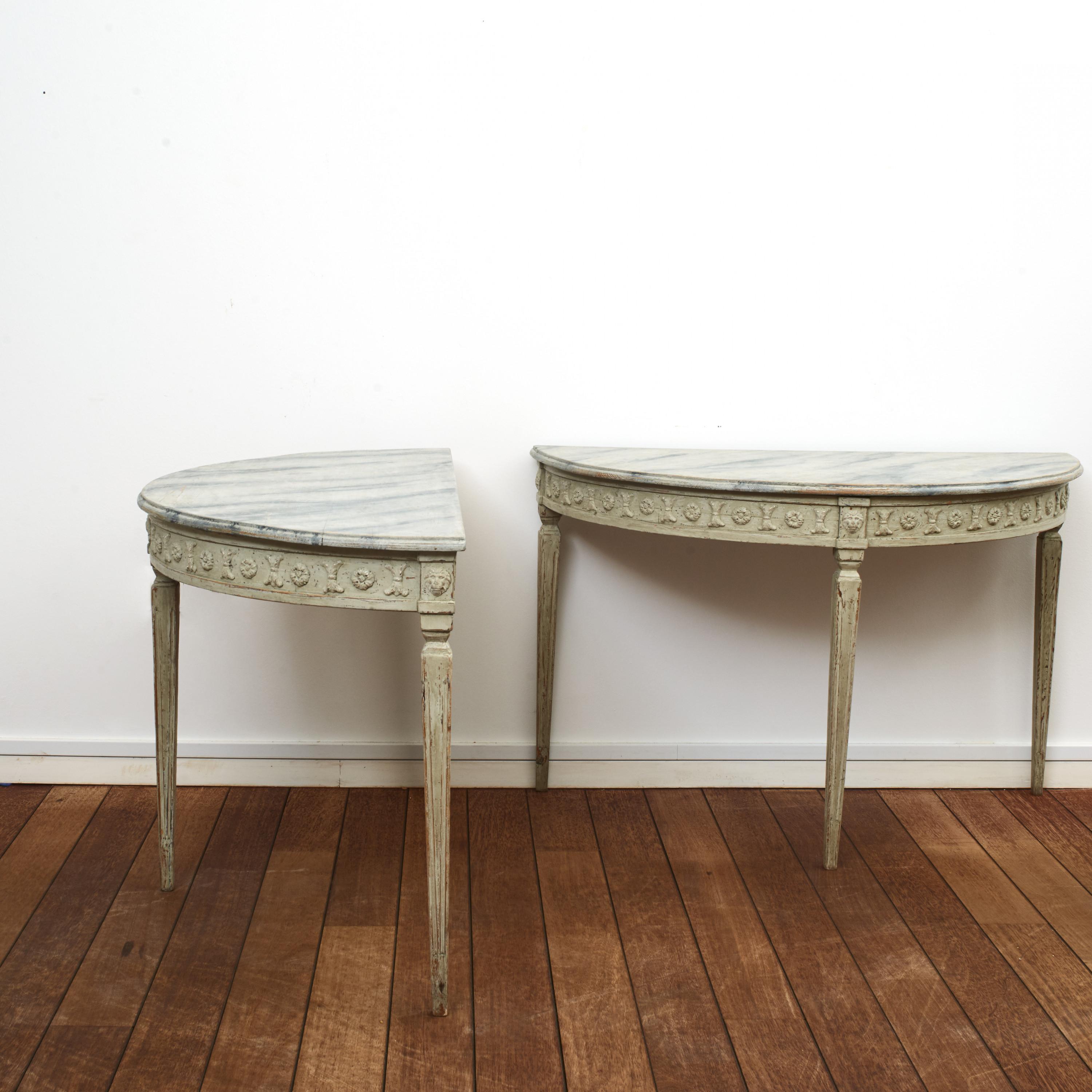 Painted Pair of Swedish Gustavian Style Demilune Console Tables