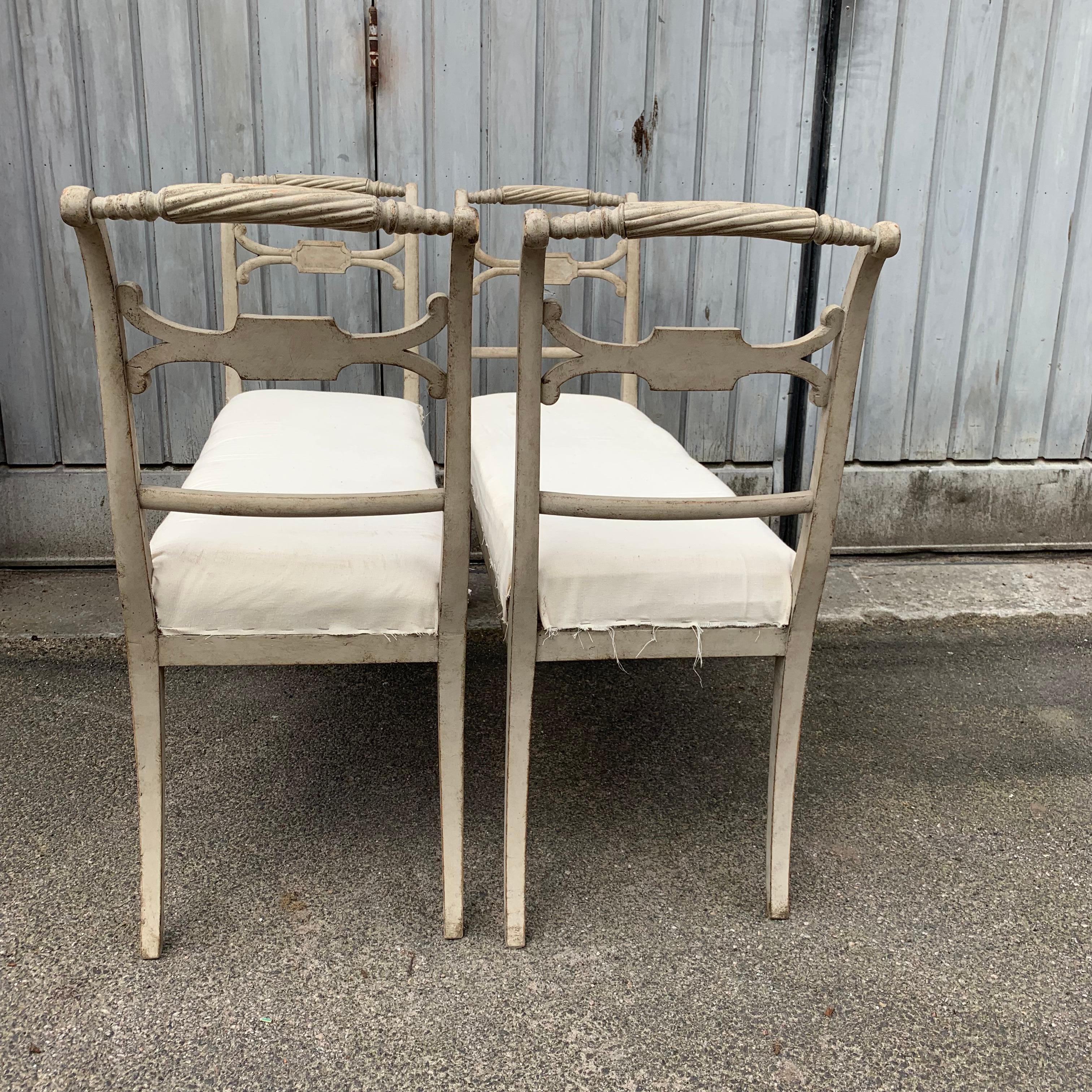 Pair of Swedish Gustavian Style Grey Painted Benches or Settees For Sale 7