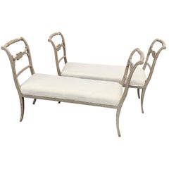 Pair of Swedish Gustavian Style Grey Painted Benches or Settees