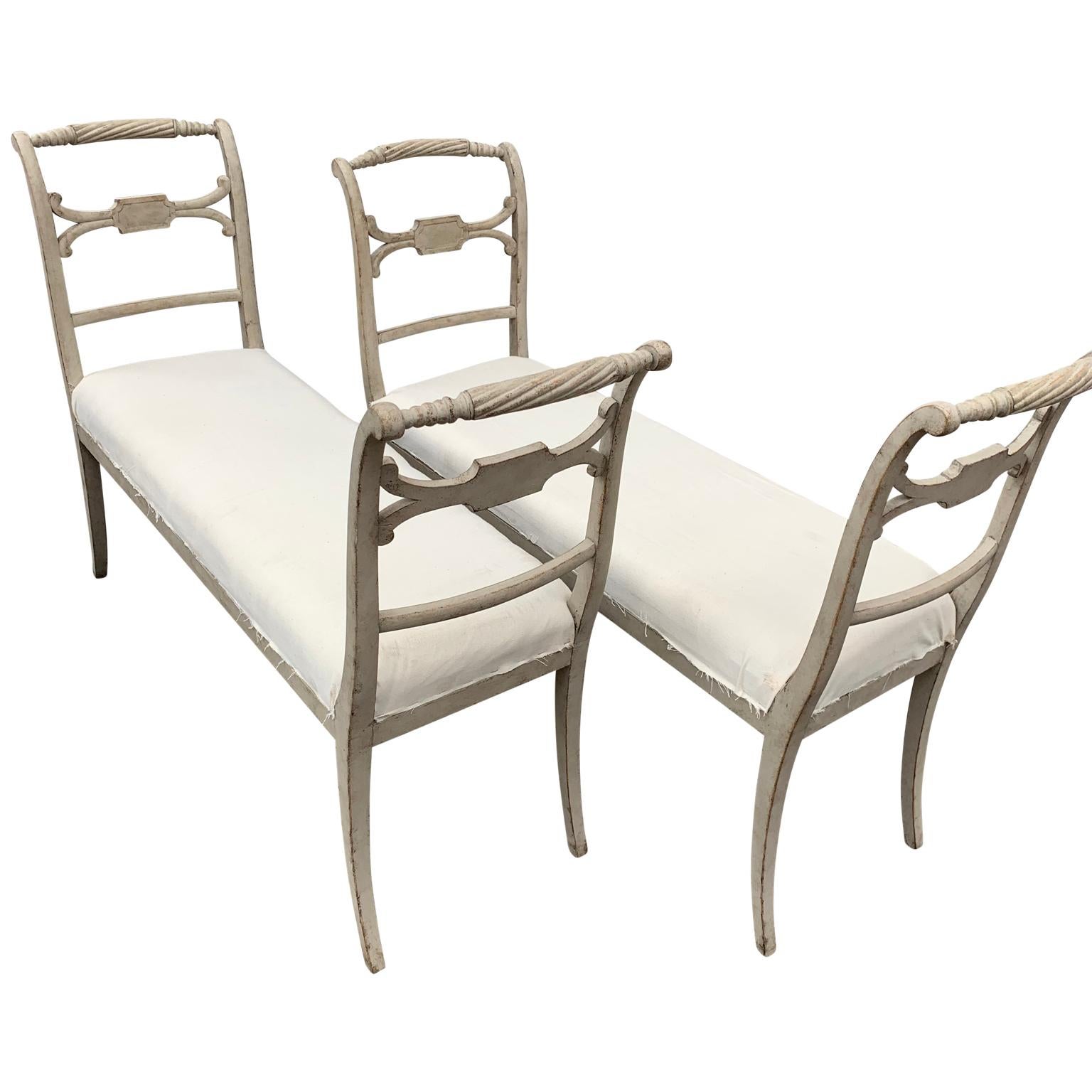 Hand-Crafted Pair of Swedish Gustavian Style Grey Painted Benches or Settees For Sale