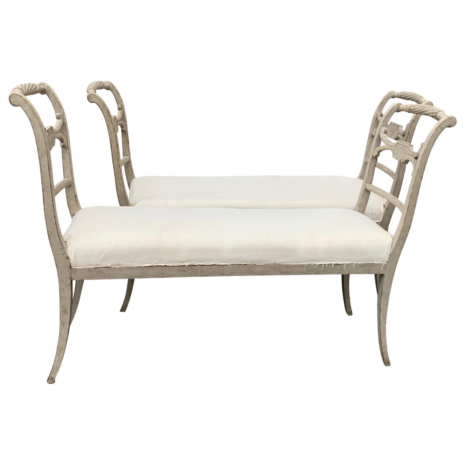 Early 20th Century Pair of Swedish Gustavian Style Grey Painted Benches or Settees For Sale