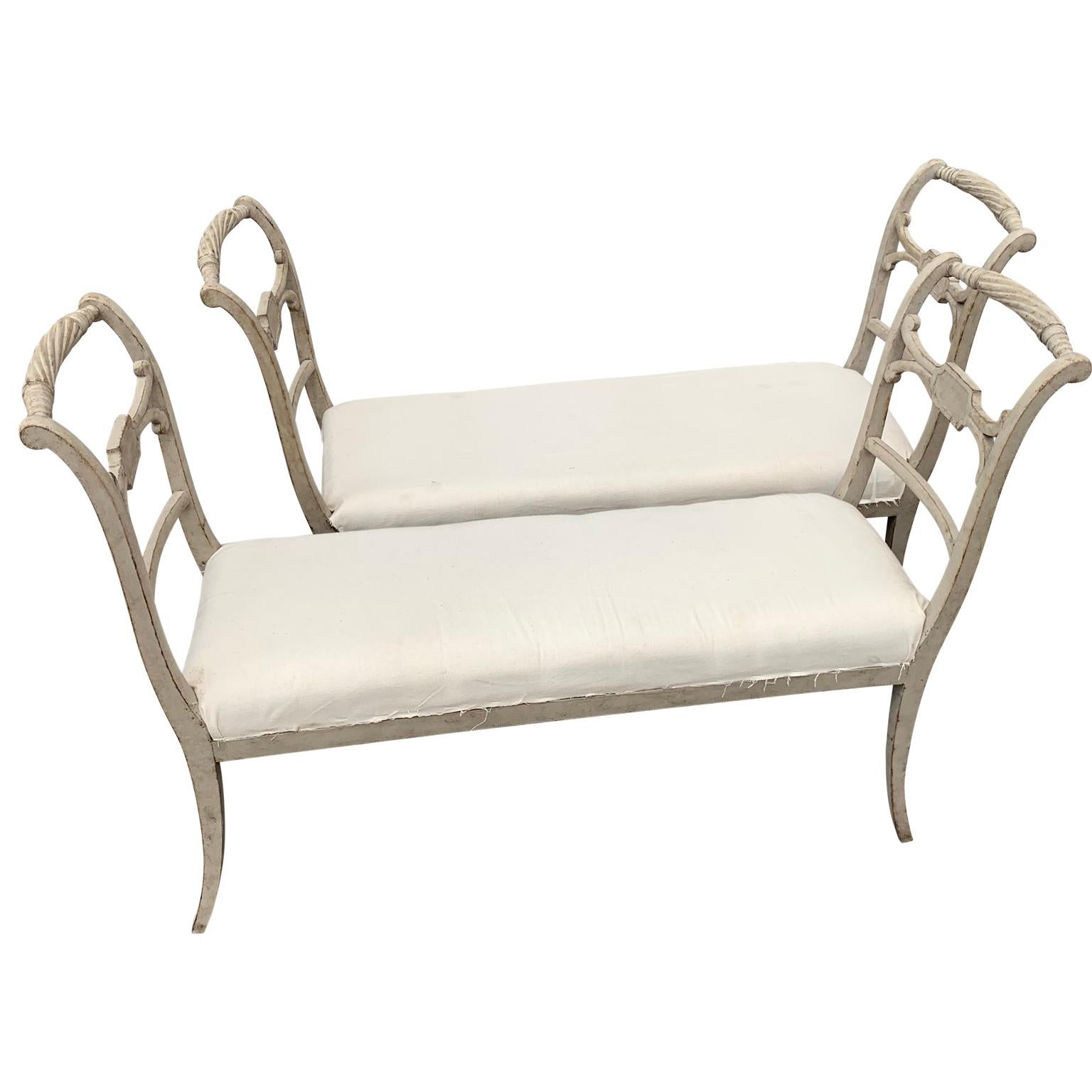 Pair of Swedish Gustavian Style Grey Painted Benches or Settees In Good Condition For Sale In Haddonfield, NJ