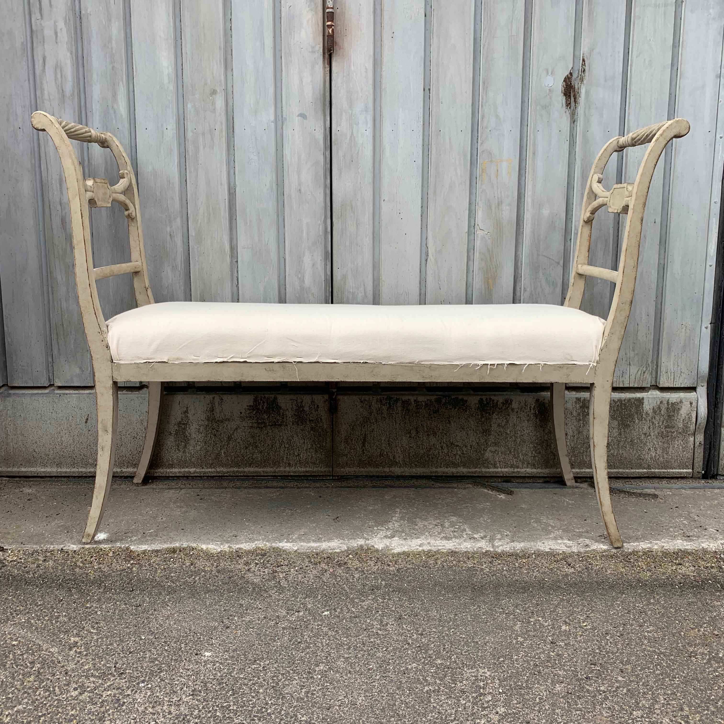 Pine Pair of Swedish Gustavian Style Grey Painted Benches or Settees For Sale