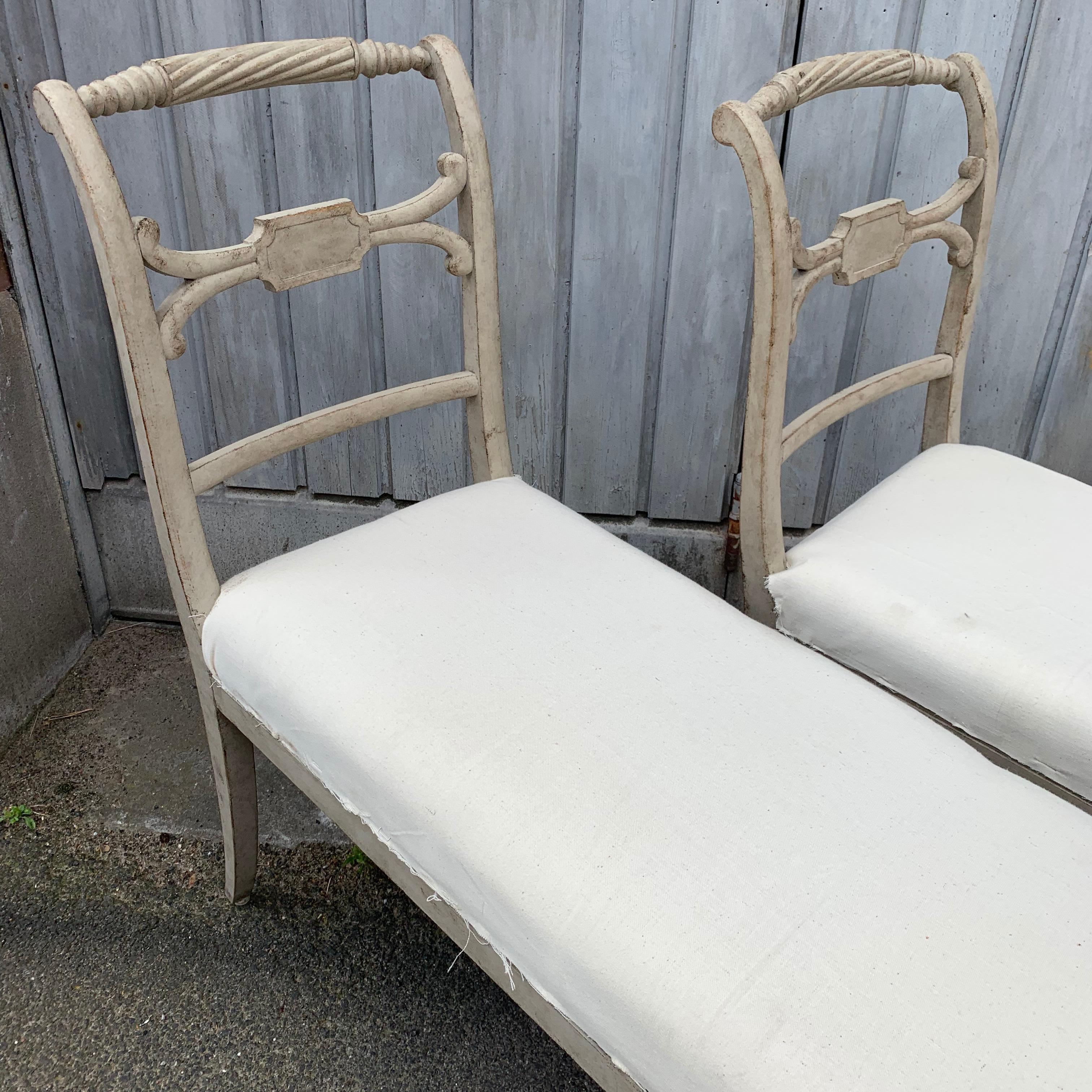 Pair of Swedish Gustavian Style Grey Painted Benches or Settees For Sale 1