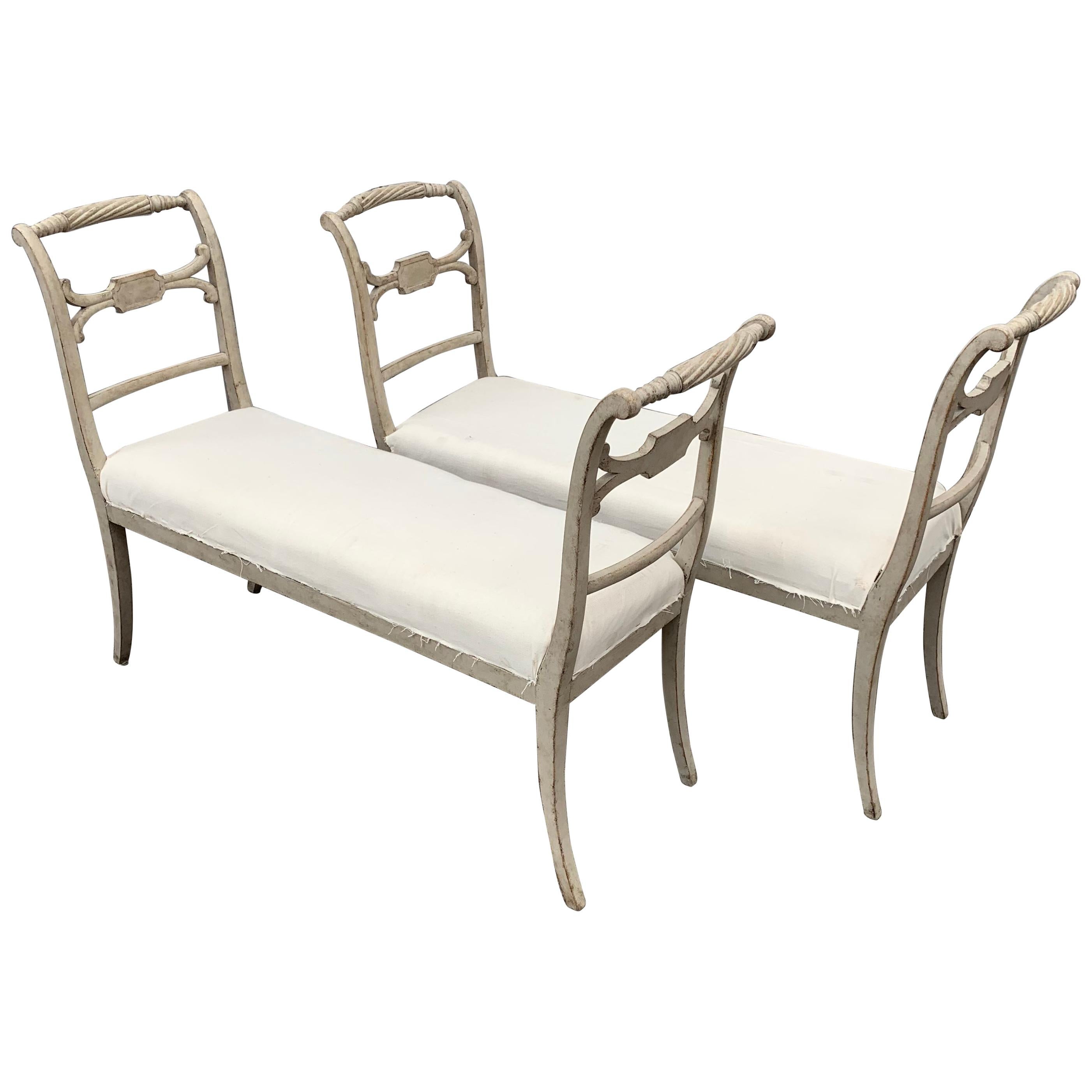 Pair of Swedish Gustavian Style Grey Painted Benches or Settees