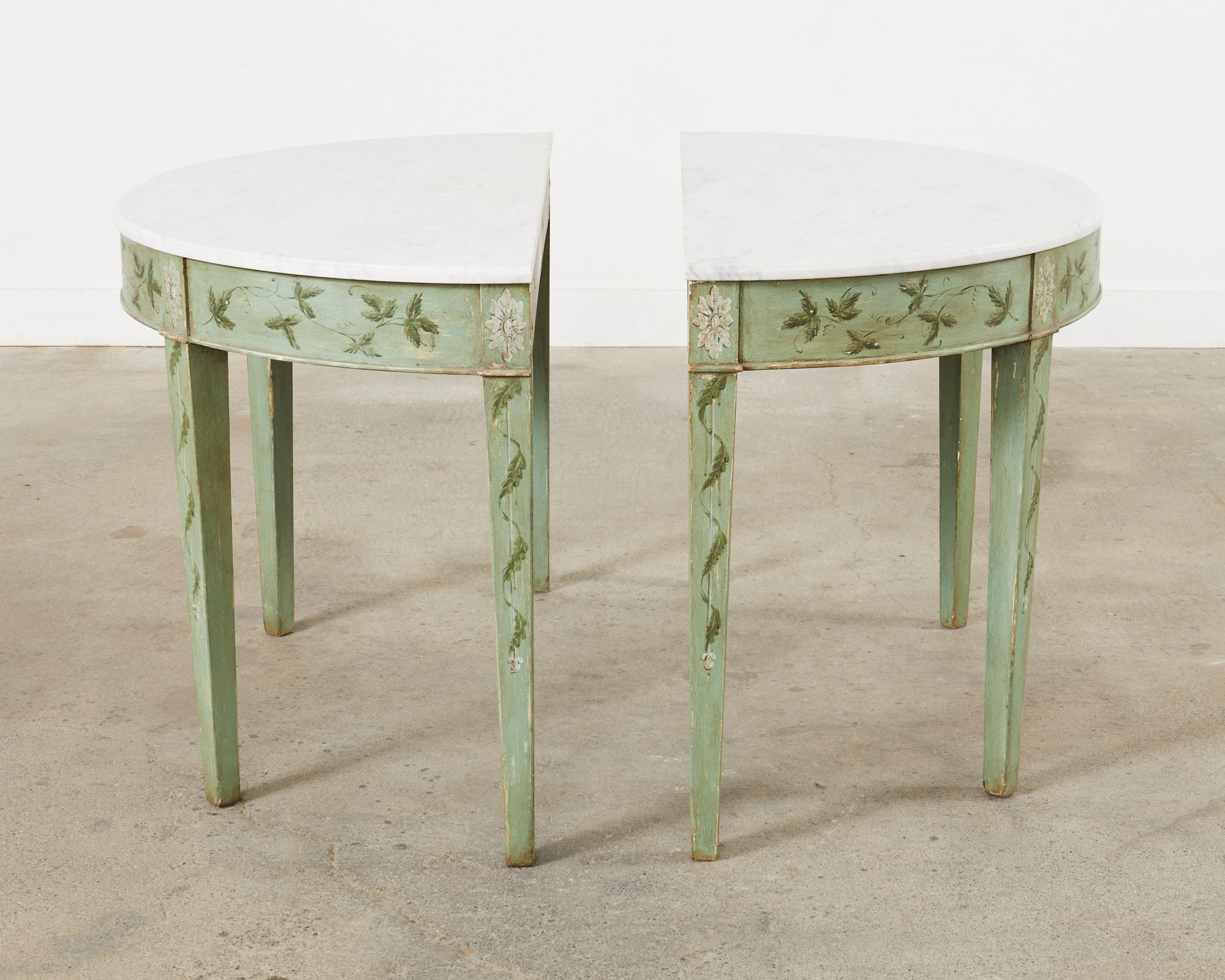 Pair of Swedish Gustavian Style Marble Top Demilune Consoles 5
