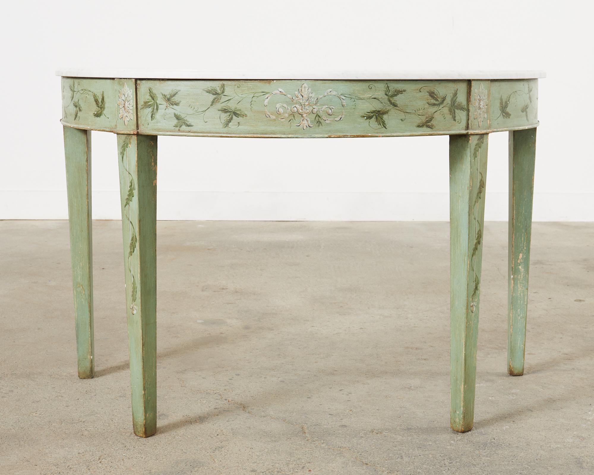 Pair of Swedish Gustavian Style Marble Top Demilune Consoles In Distressed Condition In Rio Vista, CA