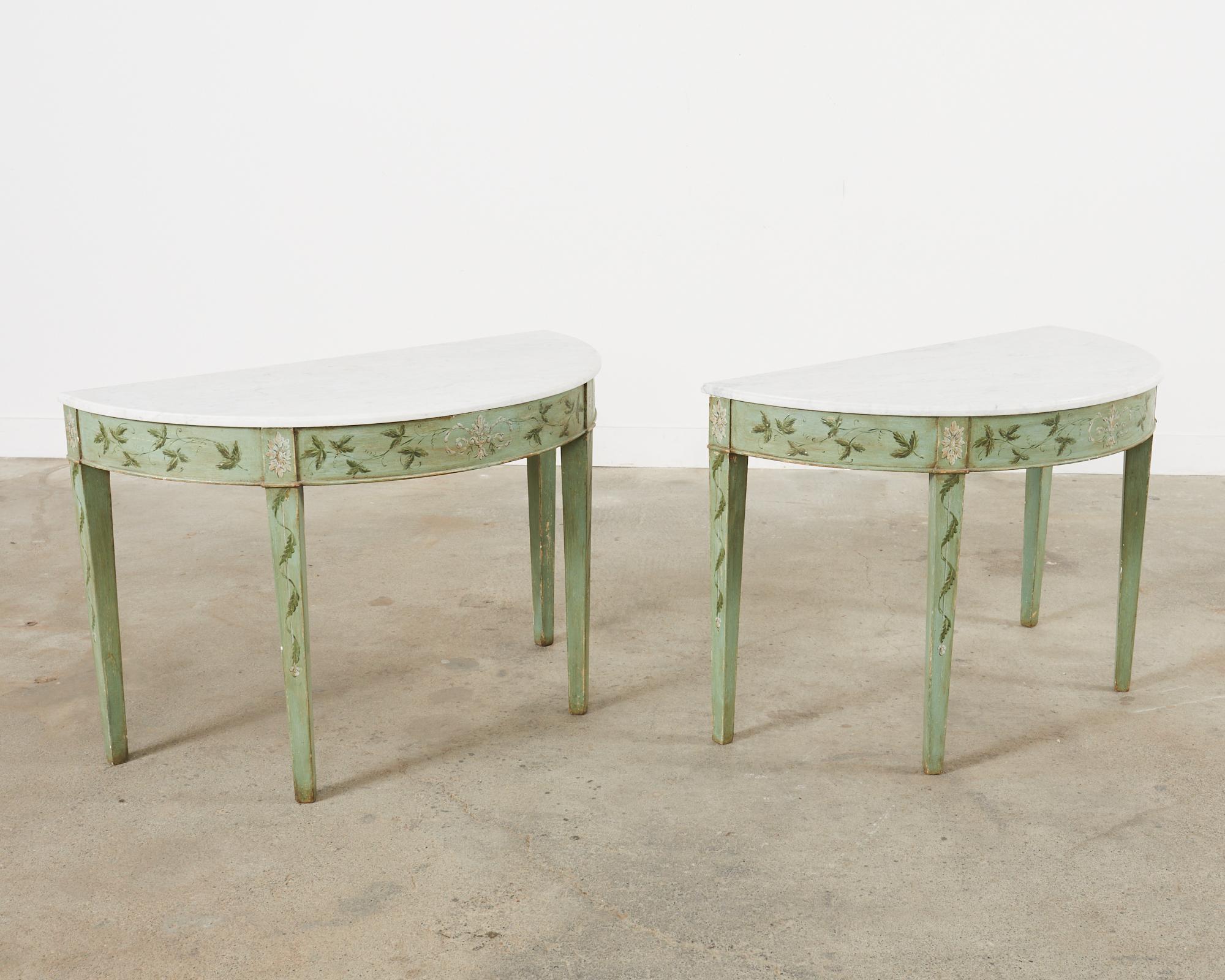 Pair of Swedish Gustavian Style Marble Top Demilune Consoles 3