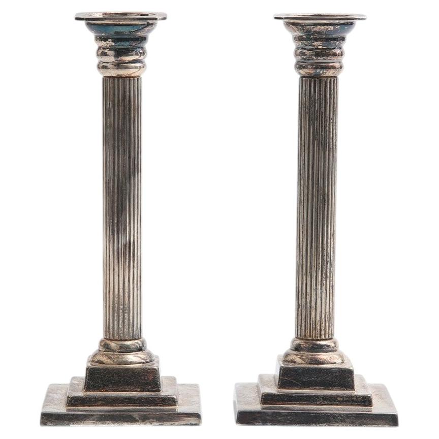 Pair of Swedish Gustavian Style Nickel Silver Column Candlesticks