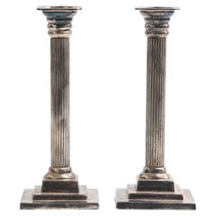 Pair of Swedish Gustavian Style Nickel Silver Column Candlesticks