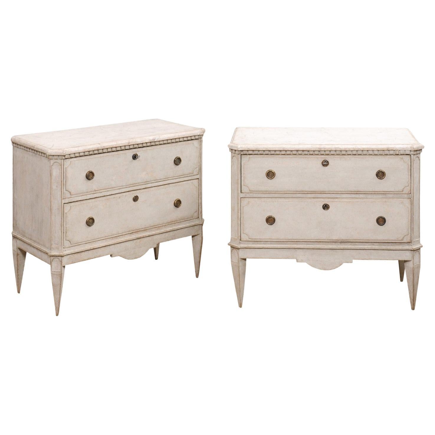 Pair 19th Century Swedish Bone Painted Three Drawer Chests For Sale at