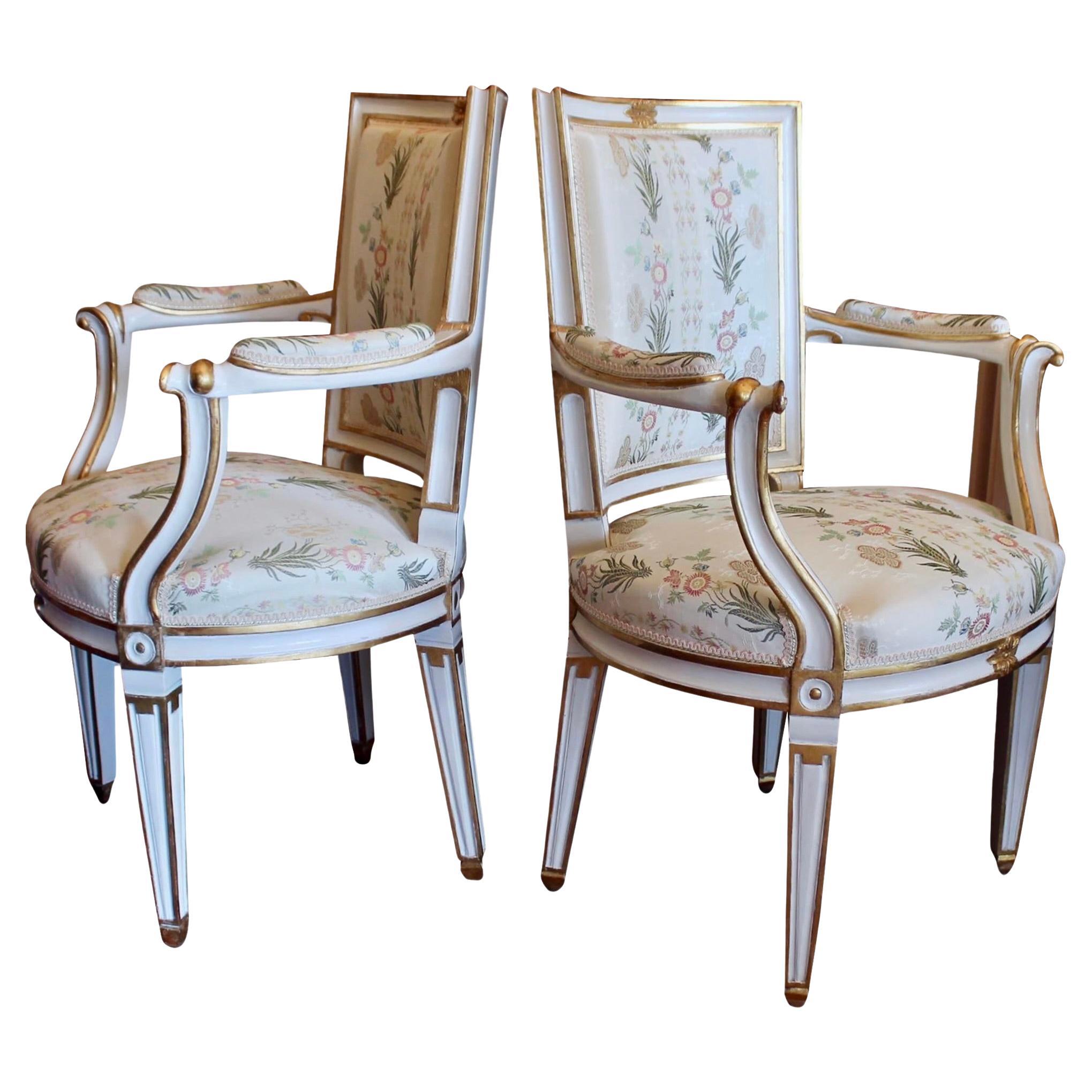 Pair Of Swedish Gustavian Style Painted And Gilt Neoclassical Style Armchairs For Sale