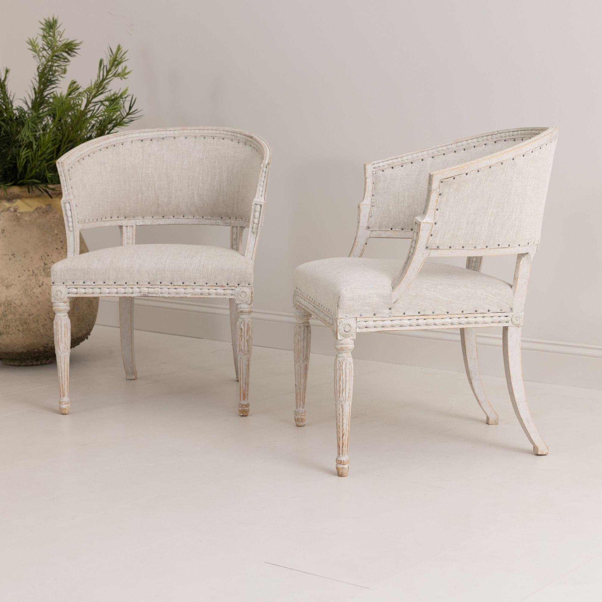 Pair of Swedish Gustavian Style Painted Barrel Back Armchairs For Sale 6