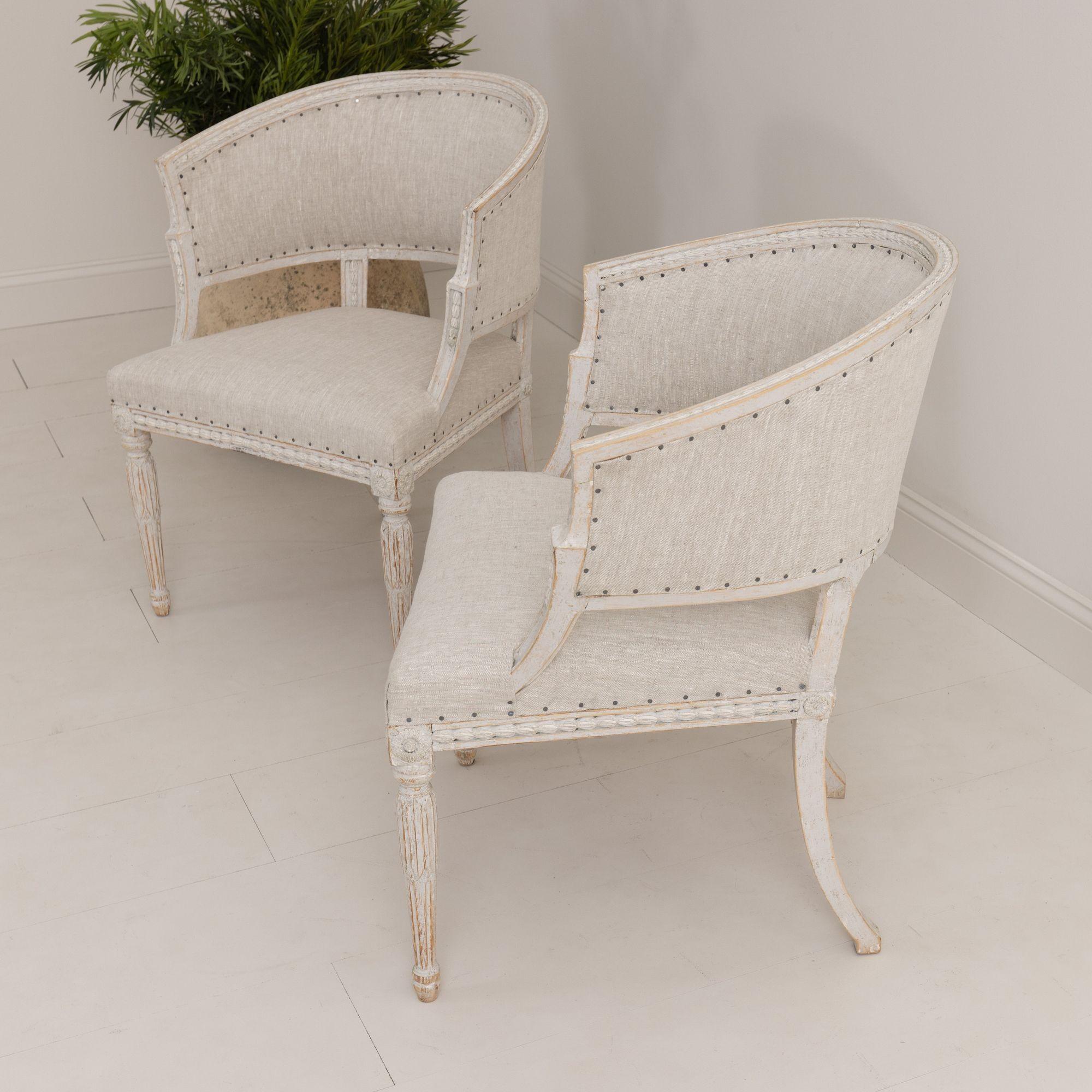 Pair of Swedish Gustavian Style Painted Barrel Back Armchairs For Sale 1