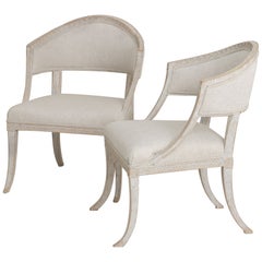 Pair of Swedish Gustavian Style Painted Barrel Back Armchairs