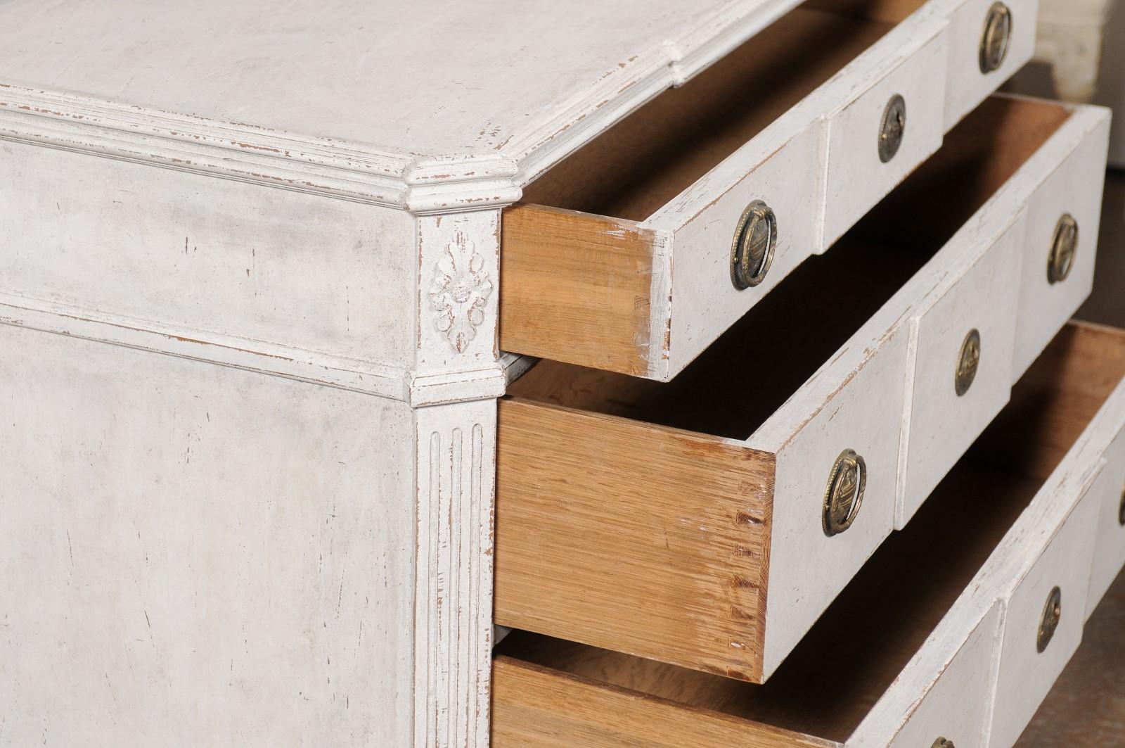 Pair of Swedish Gustavian Style Painted Breakfront Chests with Fluted Posts For Sale 7