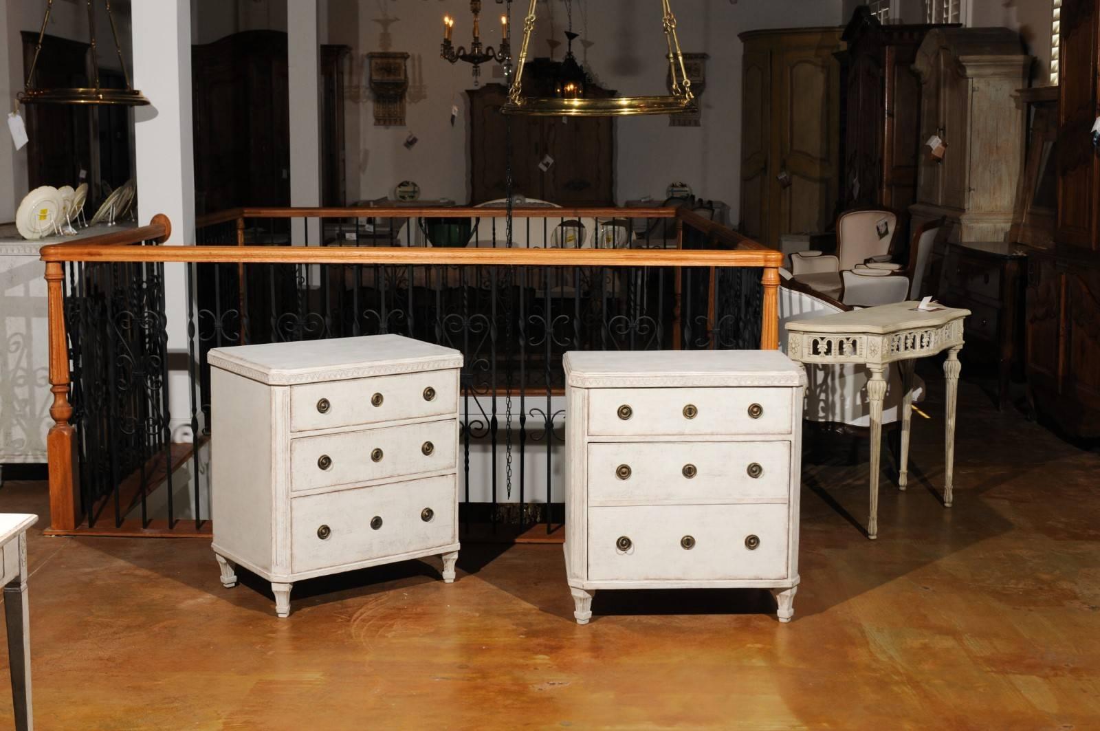 Carved Pair of Swedish Gustavian Style Painted Chests with Drawers and Door, circa 1900