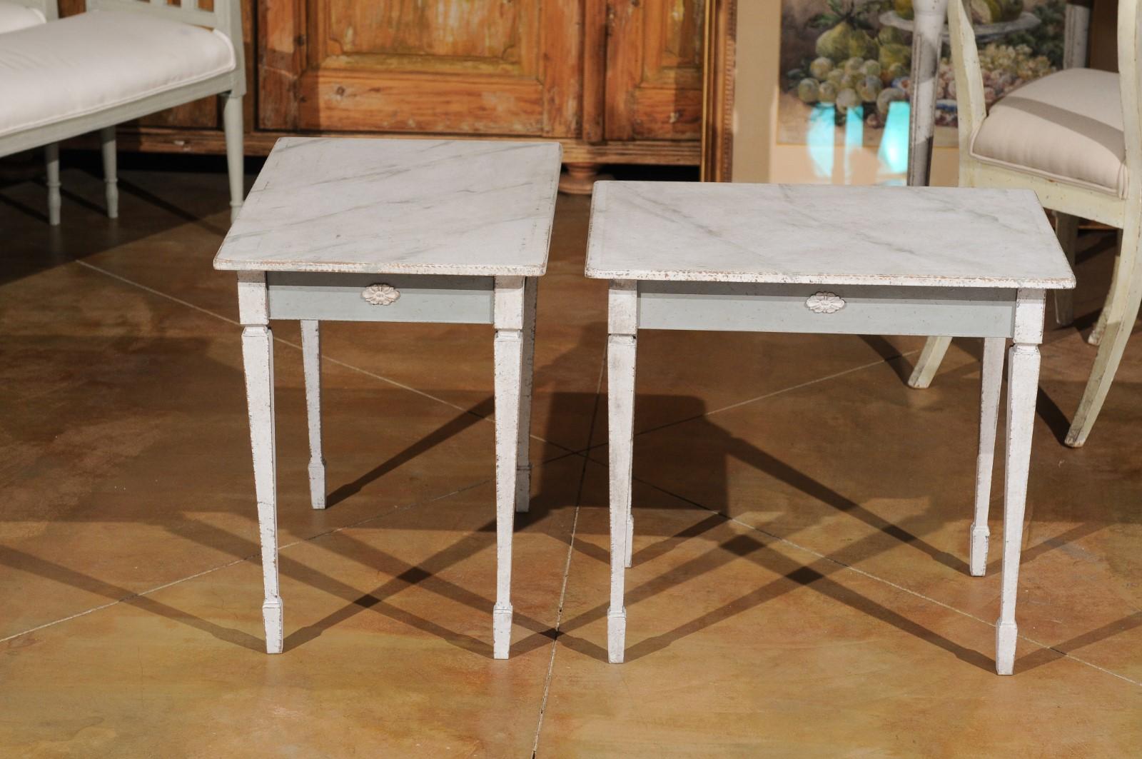 Pair of Swedish Gustavian Style Painted Low Side Tables with Marbleized Tops 5