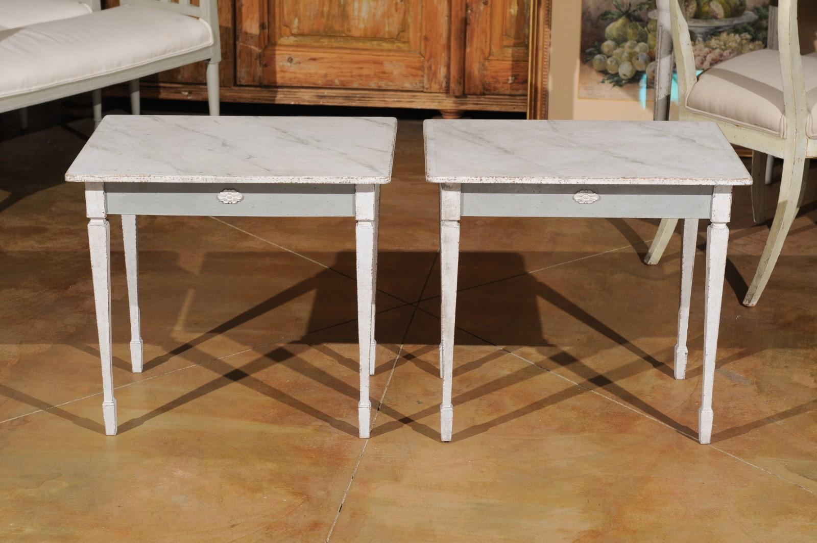 Pair of Swedish Gustavian Style Painted Low Side Tables with Marbleized Tops 6