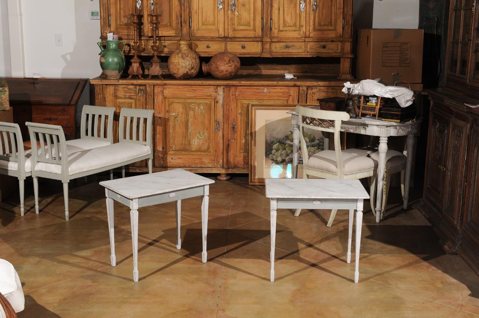 Pair of Swedish Gustavian Style Painted Low Side Tables with Marbleized Tops In Good Condition In Atlanta, GA