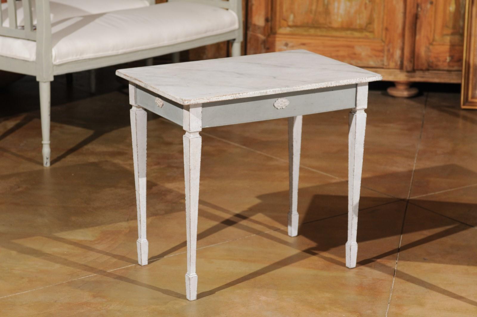 20th Century Pair of Swedish Gustavian Style Painted Low Side Tables with Marbleized Tops