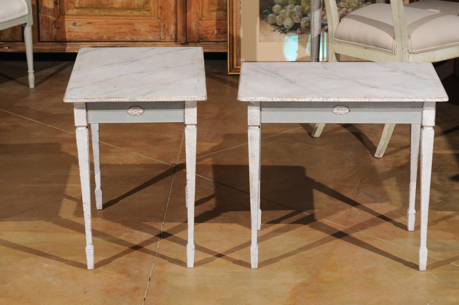 Wood Pair of Swedish Gustavian Style Painted Low Side Tables with Marbleized Tops