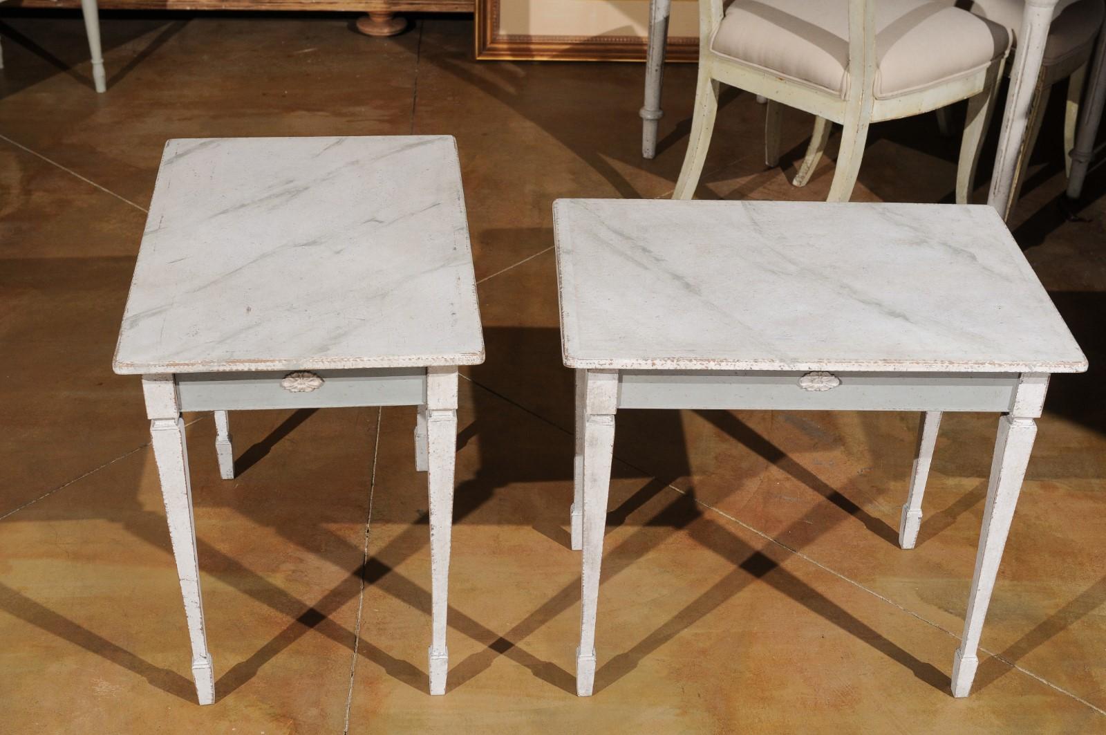 Pair of Swedish Gustavian Style Painted Low Side Tables with Marbleized Tops 1