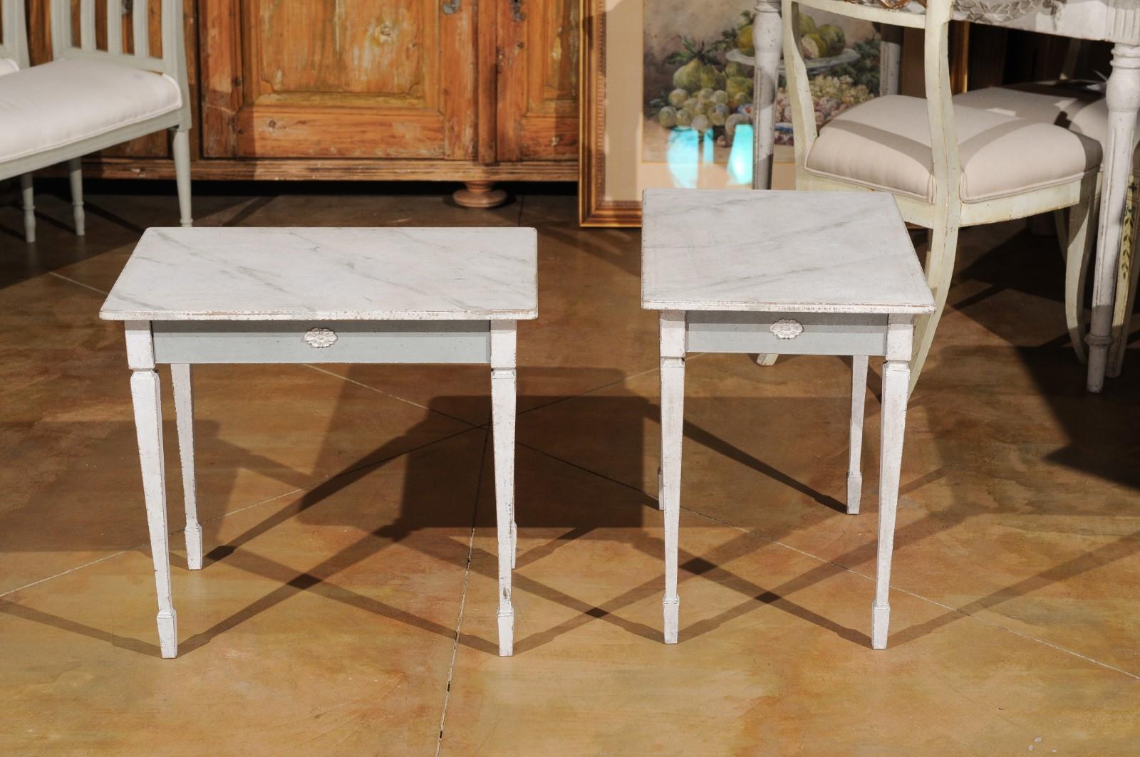 Pair of Swedish Gustavian Style Painted Low Side Tables with Marbleized Tops 2