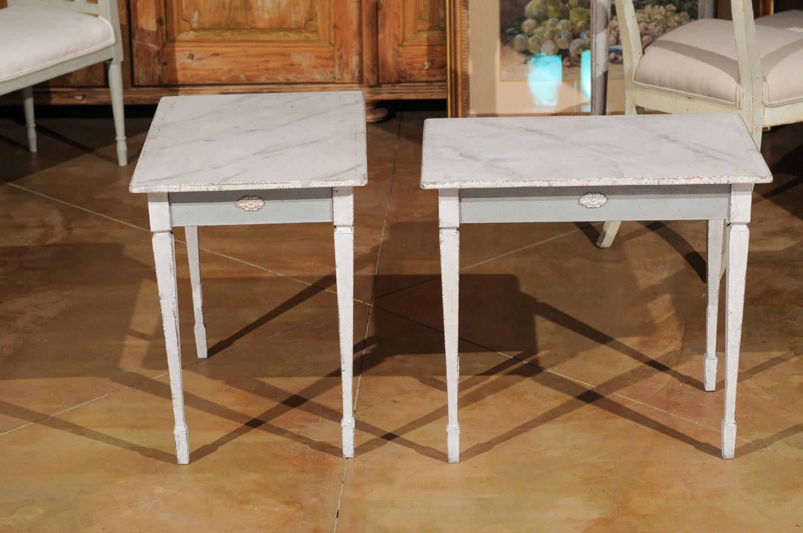 Pair of Swedish Gustavian Style Painted Low Side Tables with Marbleized Tops 3