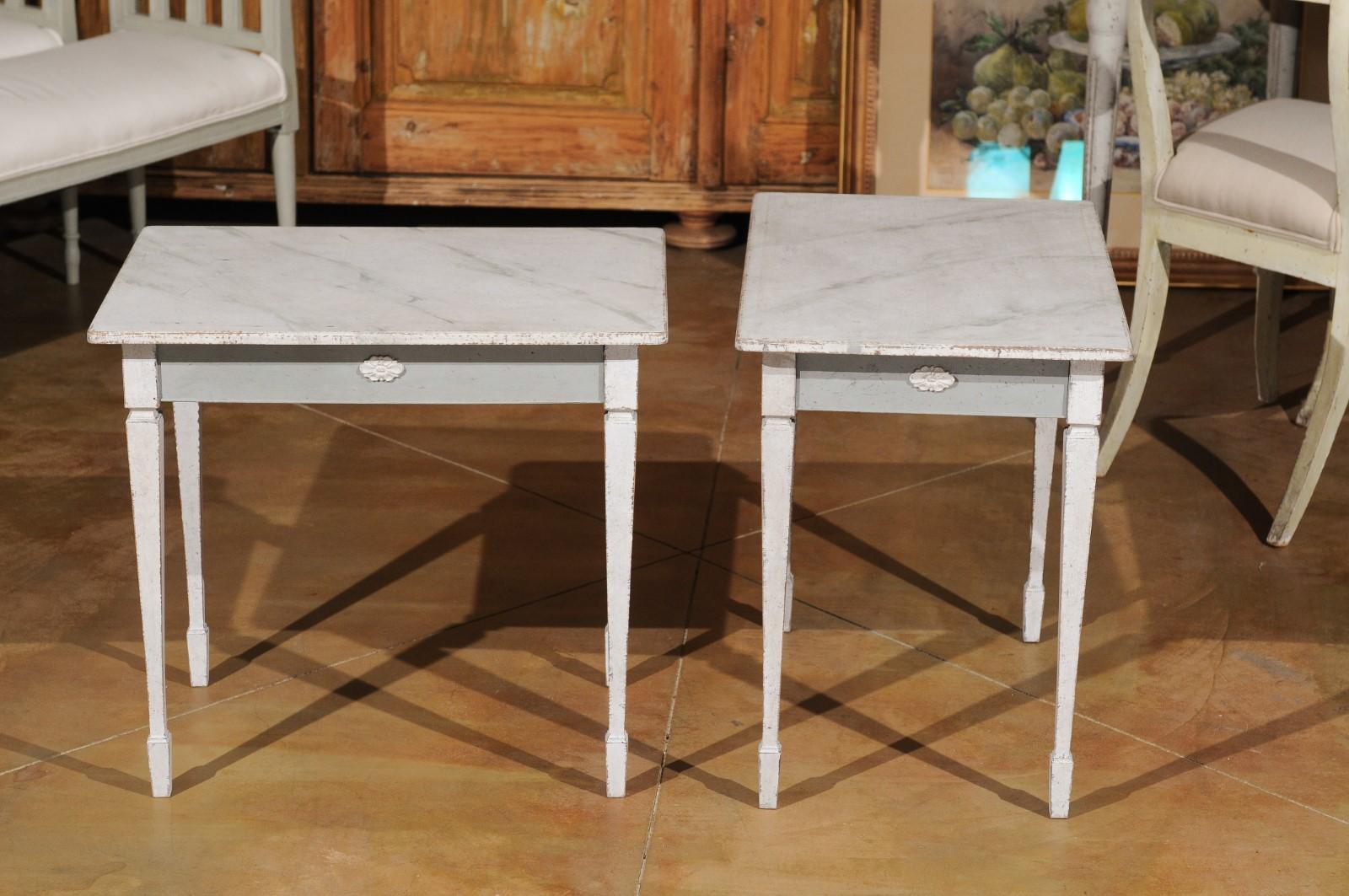 Pair of Swedish Gustavian Style Painted Low Side Tables with Marbleized Tops 4