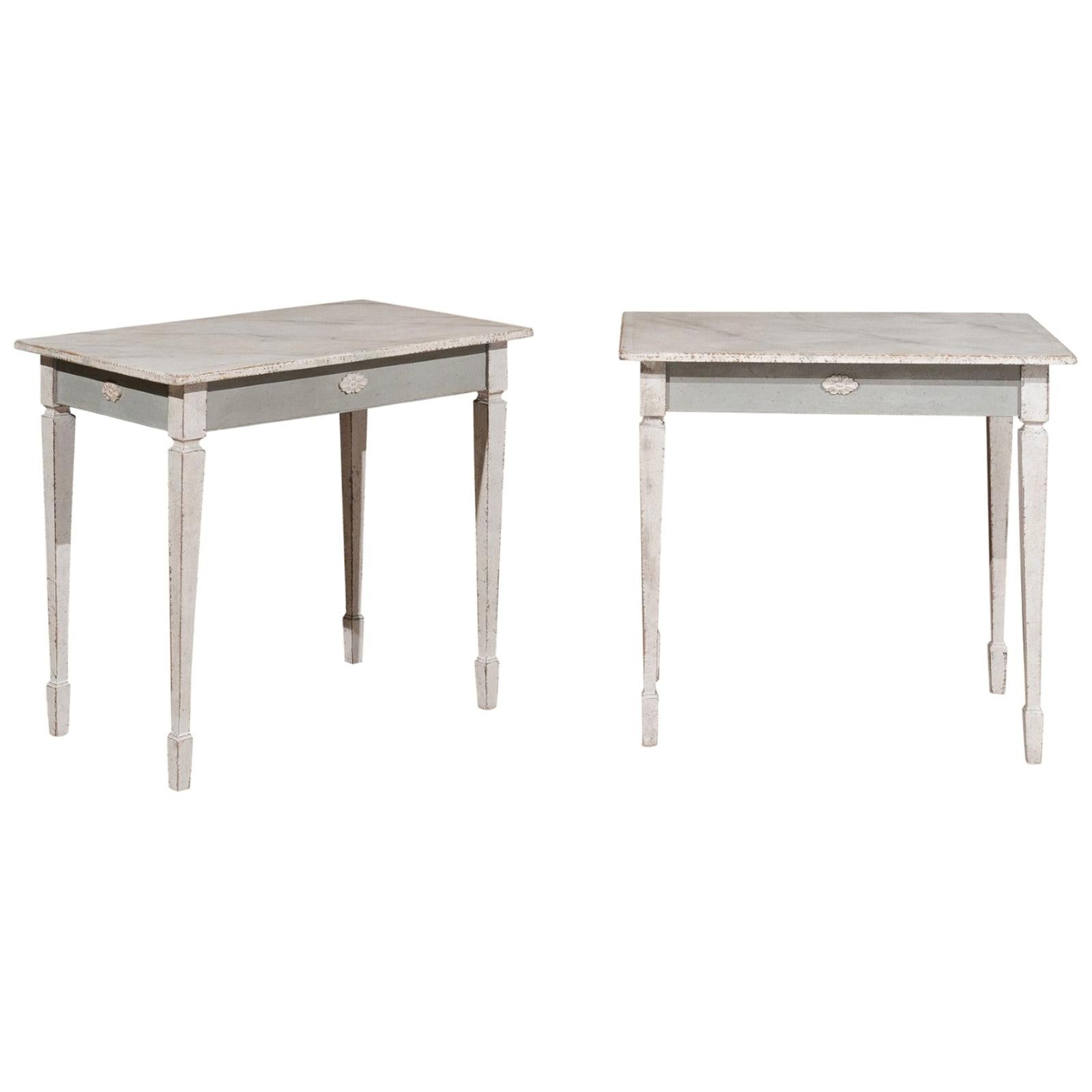 Pair of Swedish Gustavian Style Painted Low Side Tables with Marbleized Tops