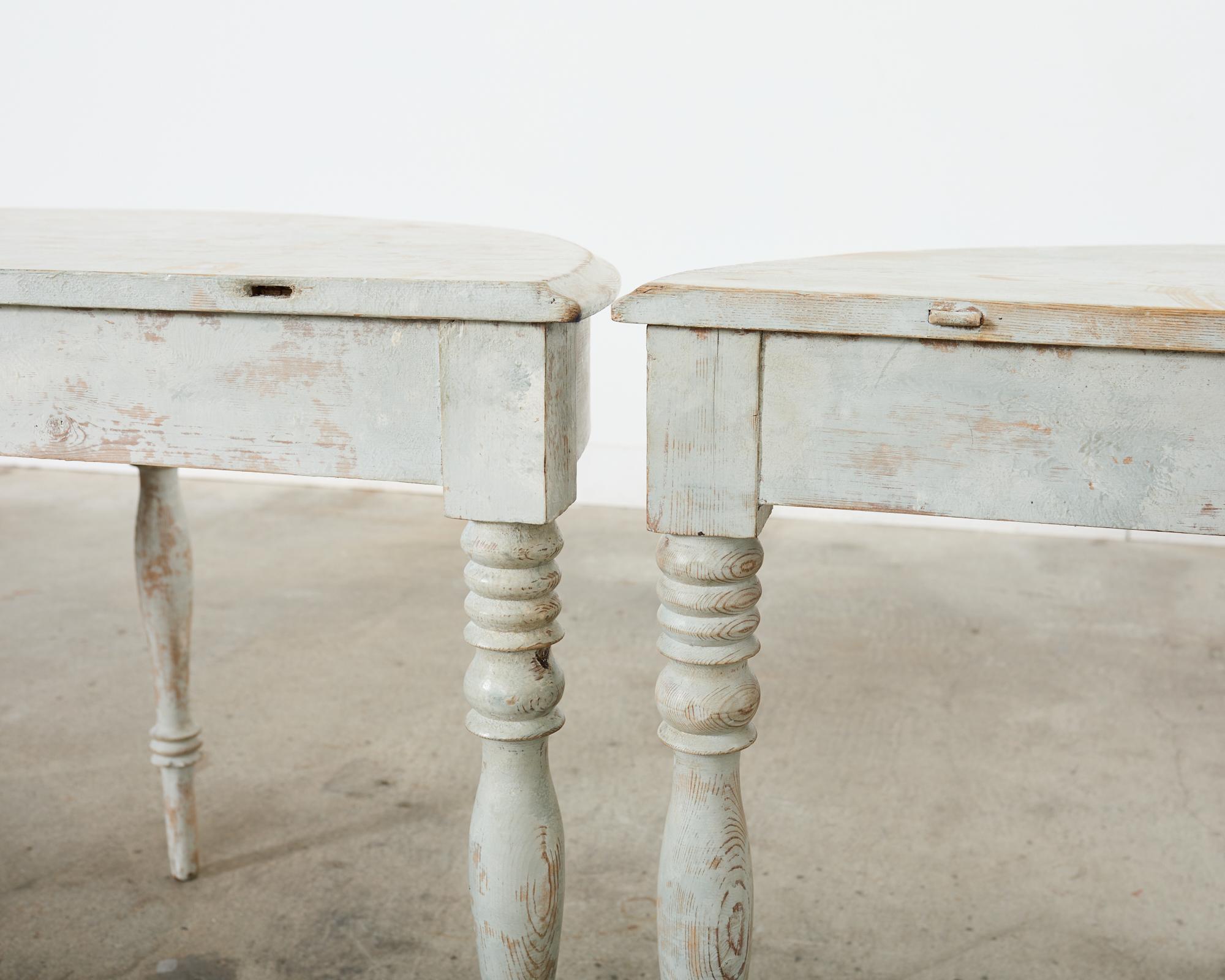 Pair of Swedish Gustavian Style Painted Pine Demilune Consoles For Sale 6