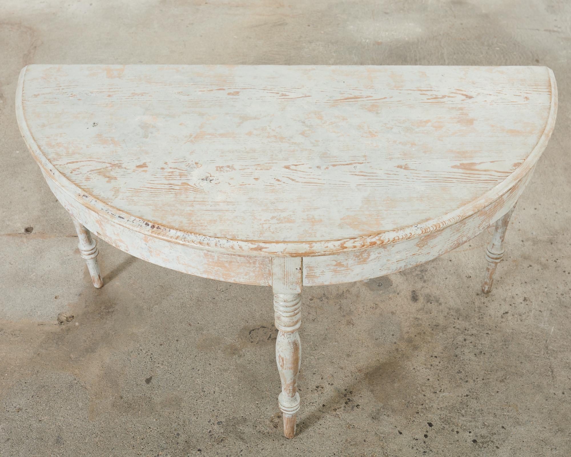 Pair of Swedish Gustavian Style Painted Pine Demilune Consoles For Sale 9