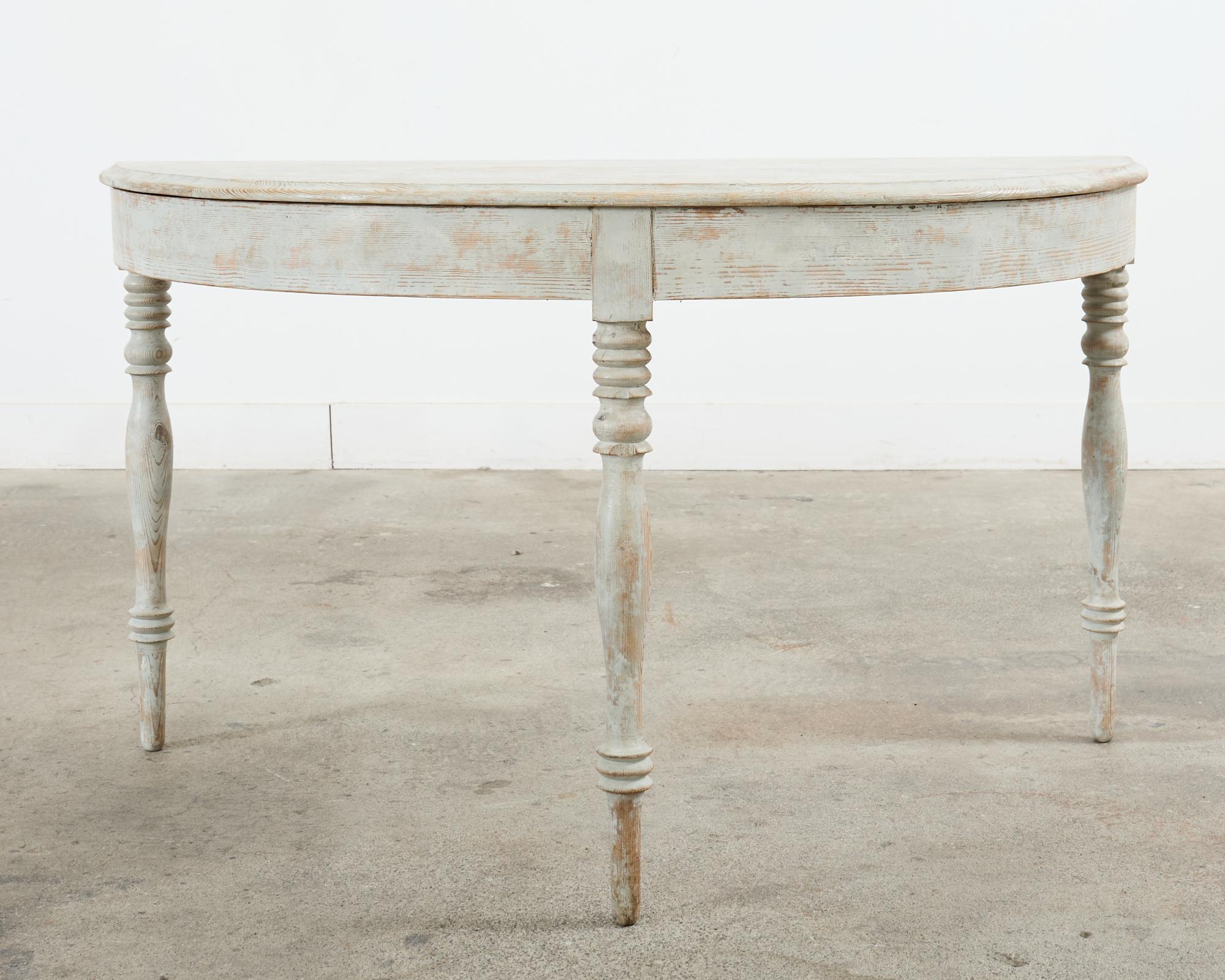 Pair of Swedish Gustavian Style Painted Pine Demilune Consoles For Sale 10