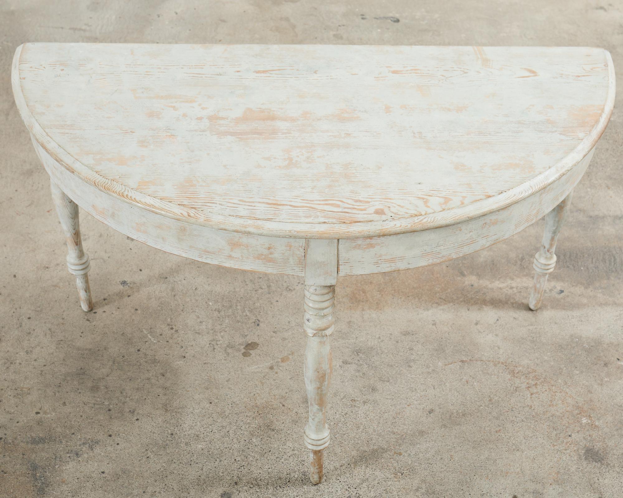 Pair of Swedish Gustavian Style Painted Pine Demilune Consoles For Sale 11