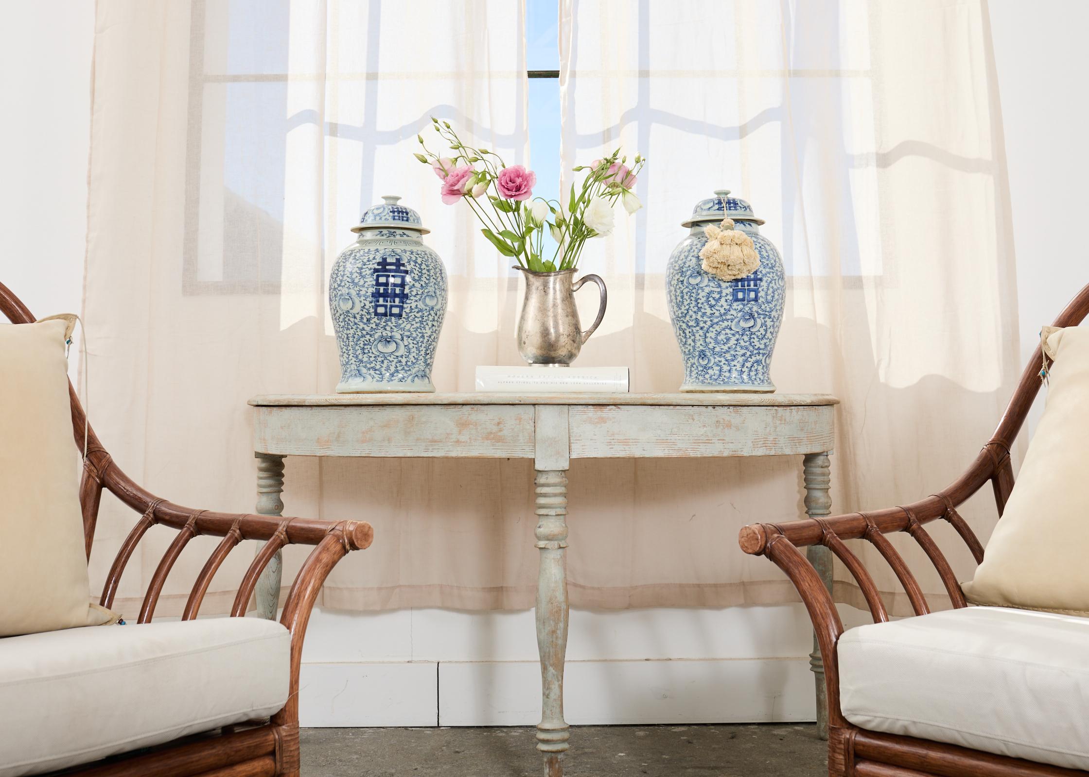 Pair of Swedish Gustavian Style Painted Pine Demilune Consoles For Sale 13