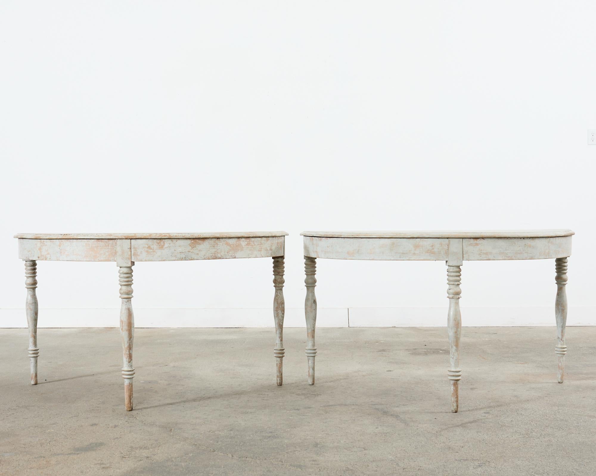 Pair of Swedish Gustavian Style Painted Pine Demilune Consoles In Distressed Condition For Sale In Rio Vista, CA