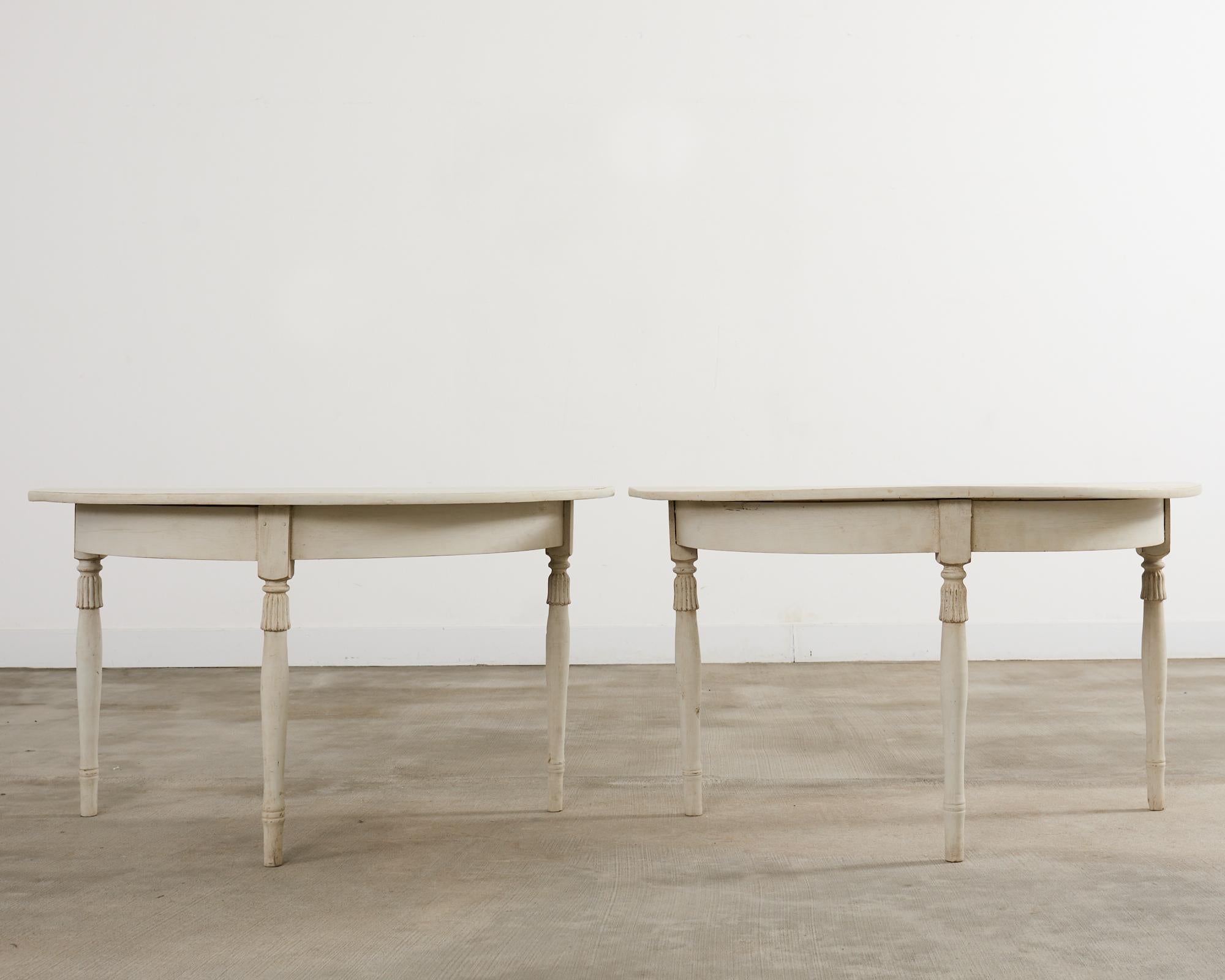 Pair of Swedish Gustavian Style Painted Pine Demilune Consoles In Good Condition For Sale In Rio Vista, CA