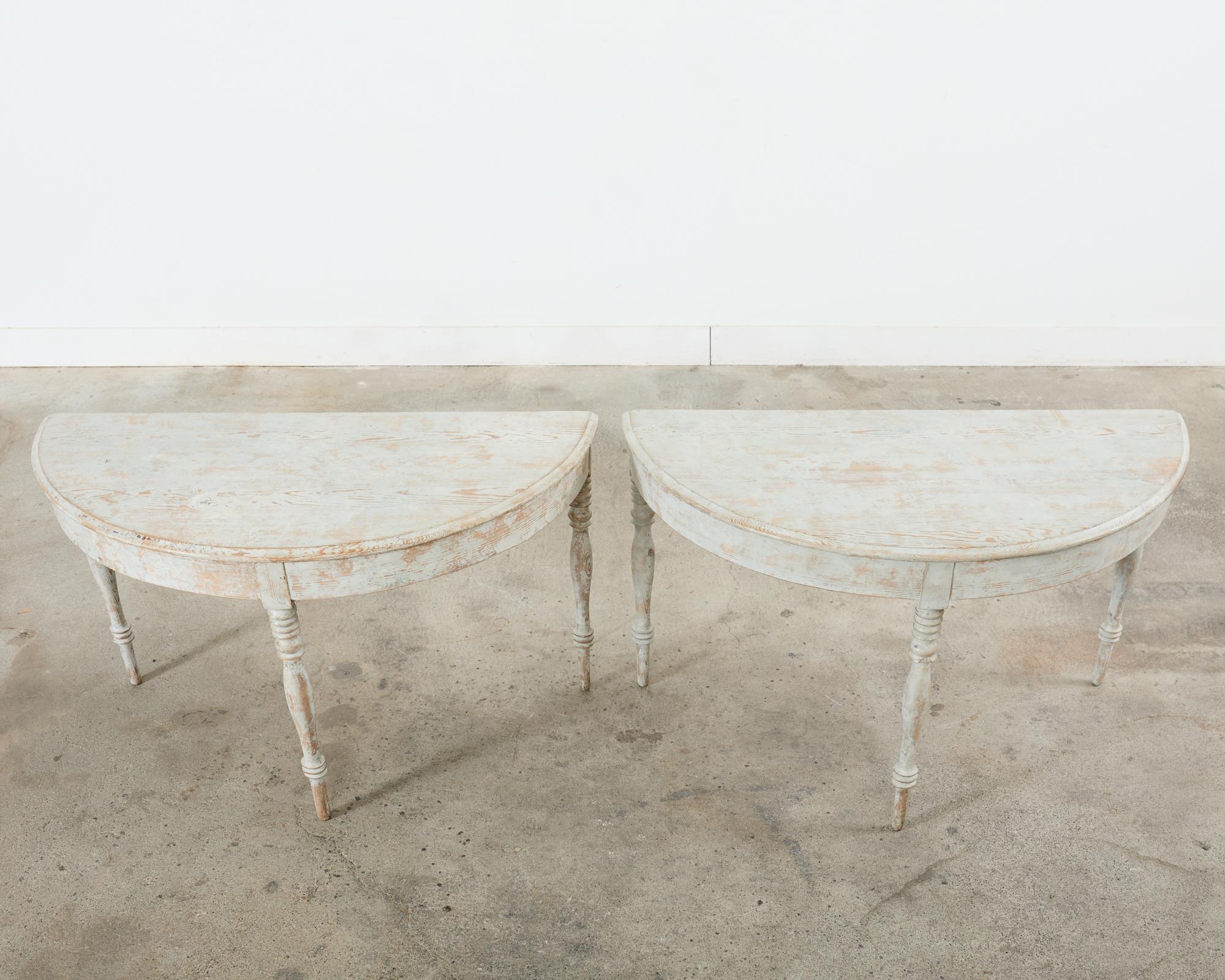 20th Century Pair of Swedish Gustavian Style Painted Pine Demilune Consoles For Sale