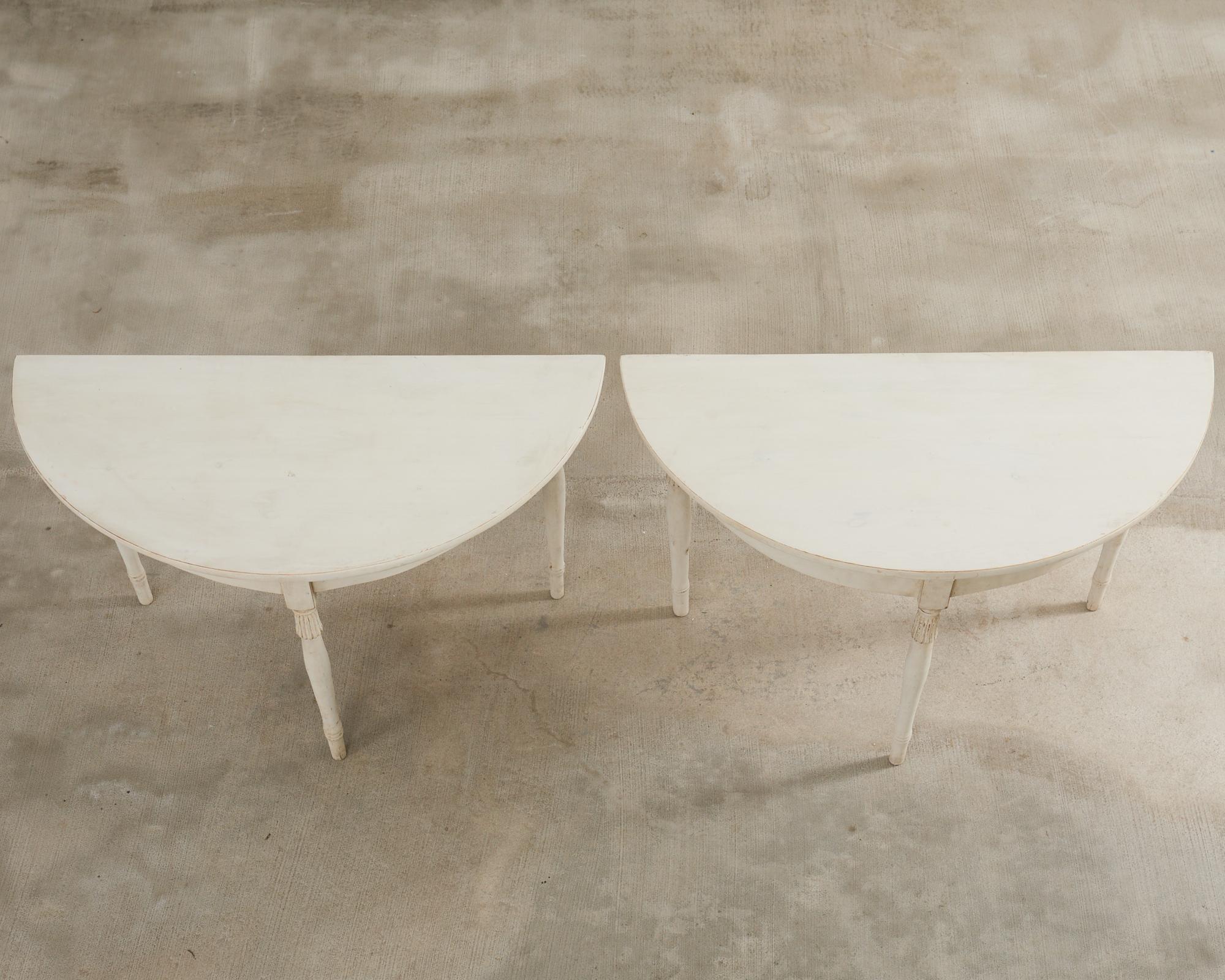 20th Century Pair of Swedish Gustavian Style Painted Pine Demilune Consoles For Sale