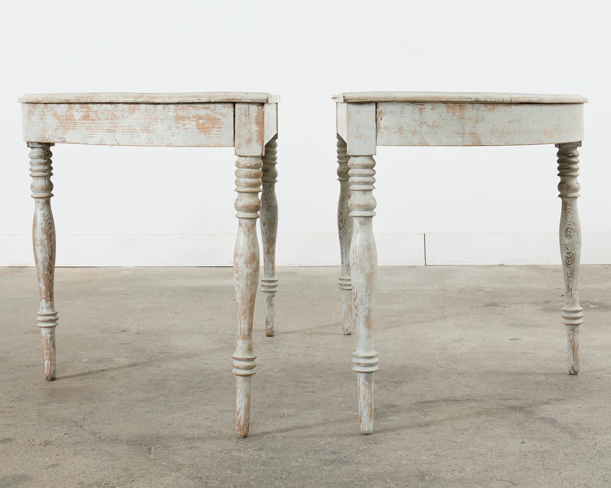 Pair of Swedish Gustavian Style Painted Pine Demilune Consoles For Sale 1